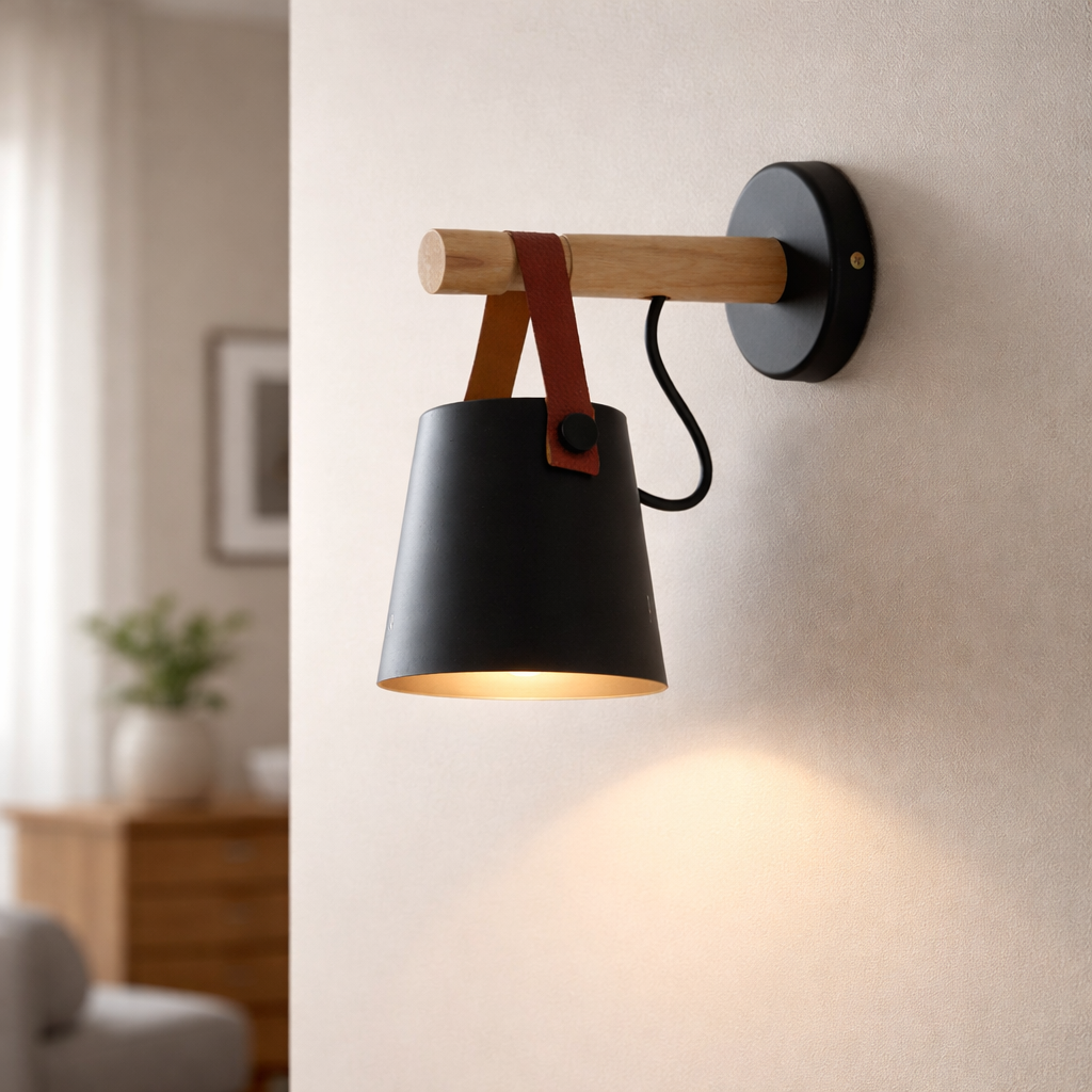 Wandleuchte LED Holz mit hängendem Lampenschirm