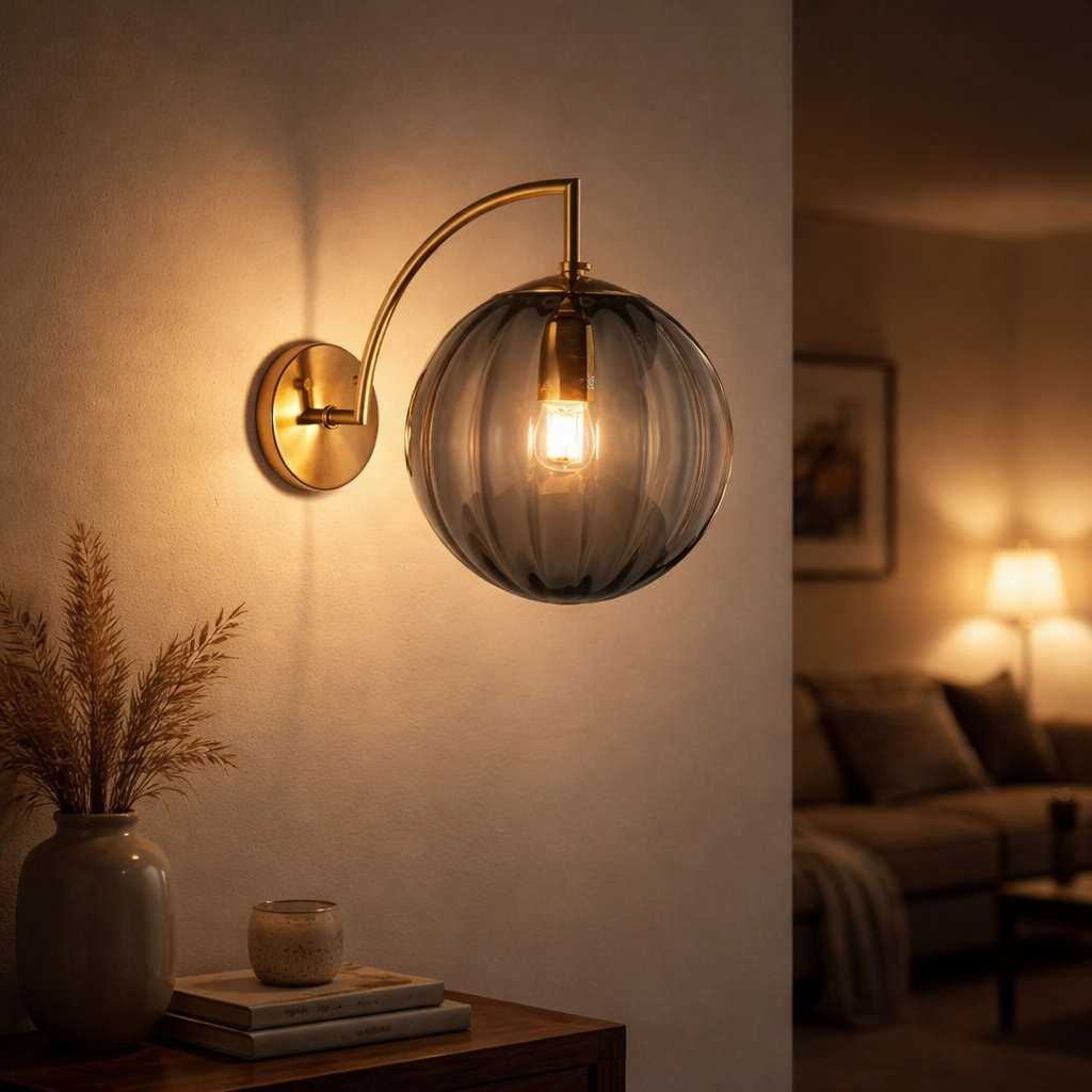 Wandleuchte LED Golden mit Kugel aus Rauchglas