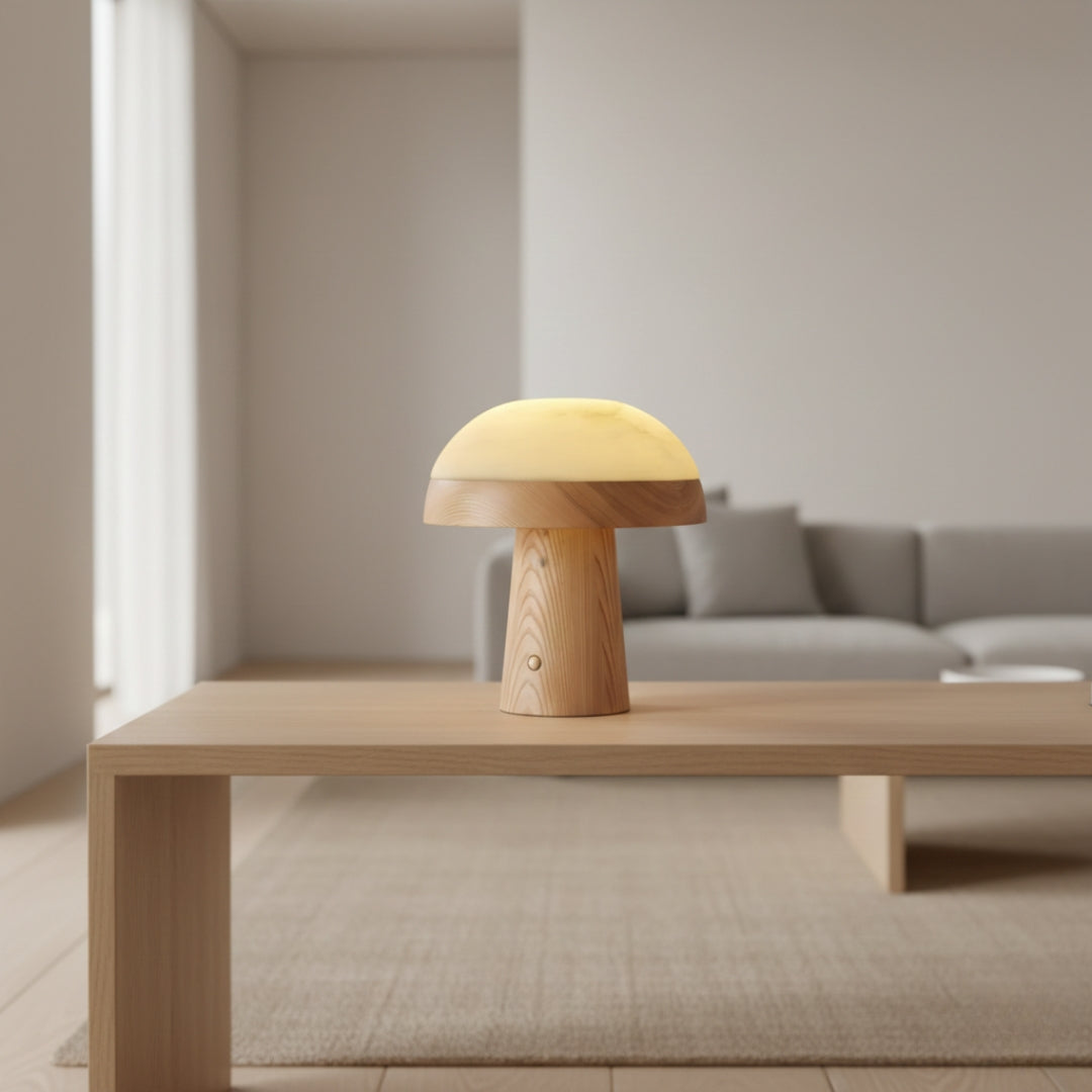 Nachttischlampe Pilz aus Holz