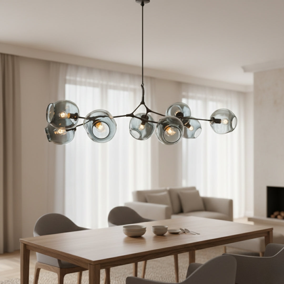 Kronleuchter Beans LED aus Metall und Bubbelglas