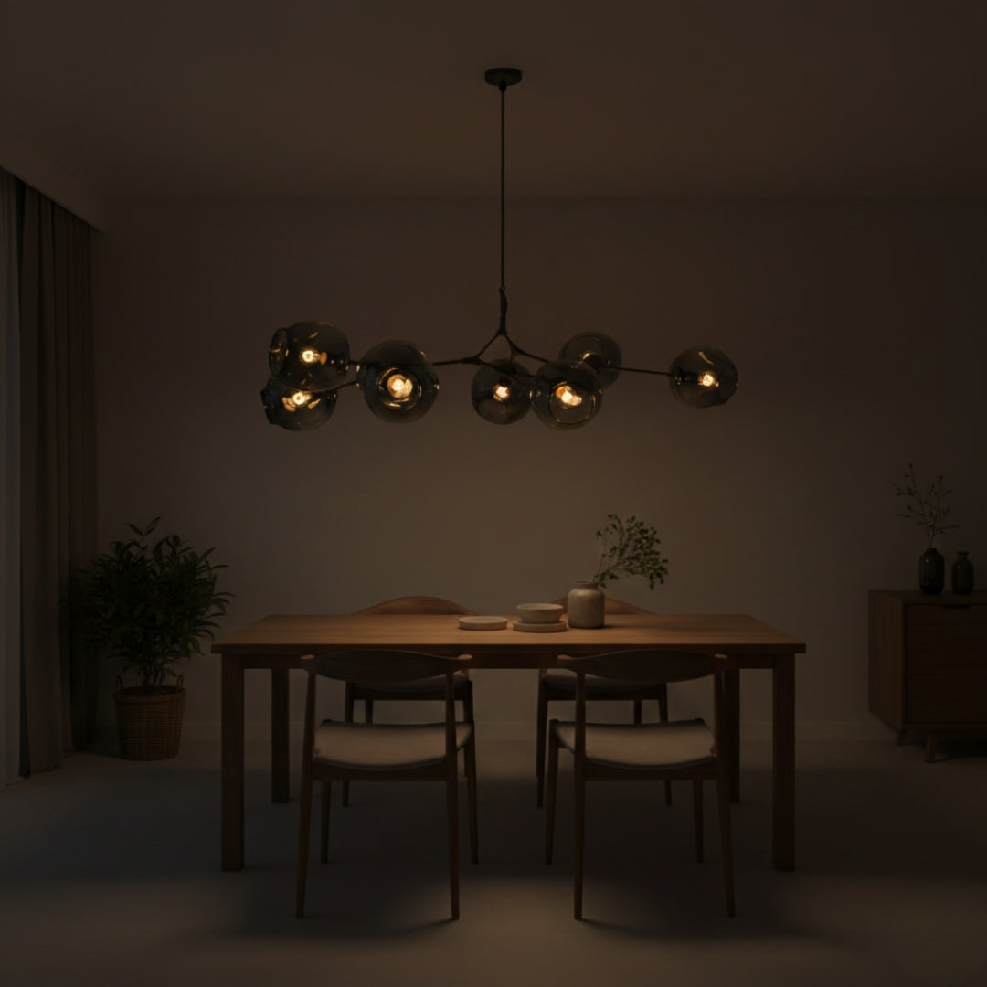 Kronleuchter Beans LED aus Metall und Bubbelglas