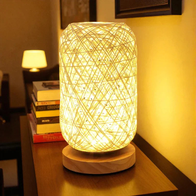 Nachttischlampe Rattan und Holz