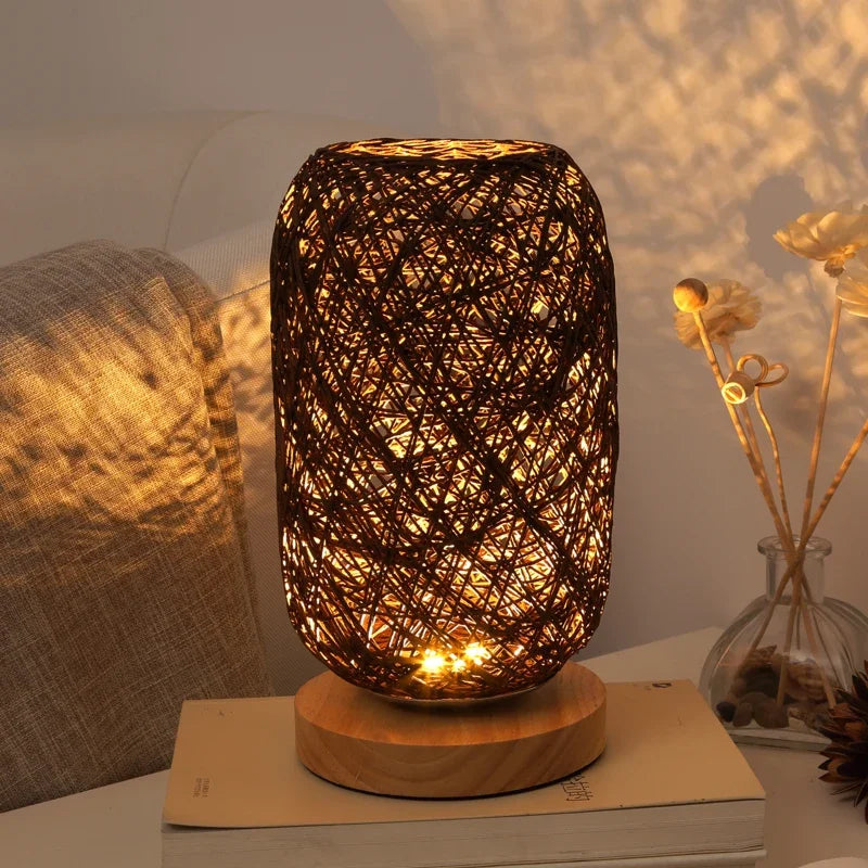 Nachttischlampe Rattan und Holz