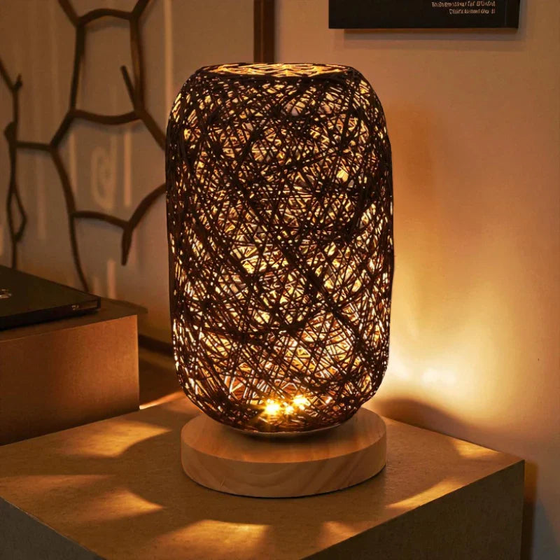 Nachttischlampe Rattan und Holz