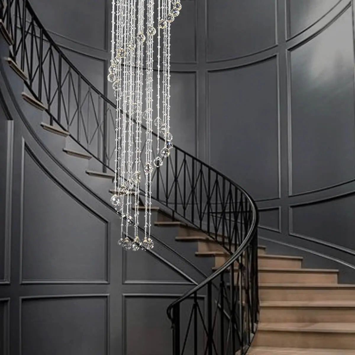 Kronleuchter Spirale Regen aus Kristall Chrom für Treppenhaus