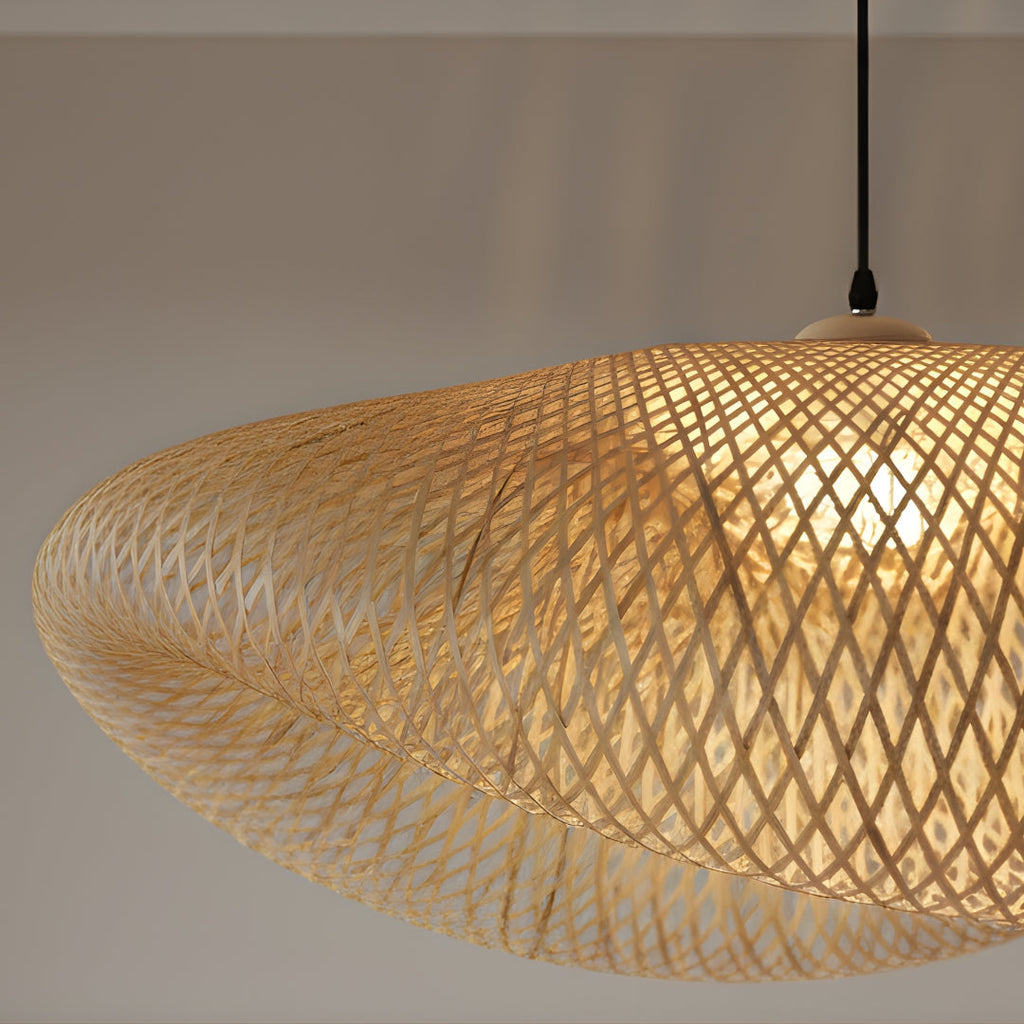 Pendelleuchte LED Rund aus Rattan geflochten Vintage