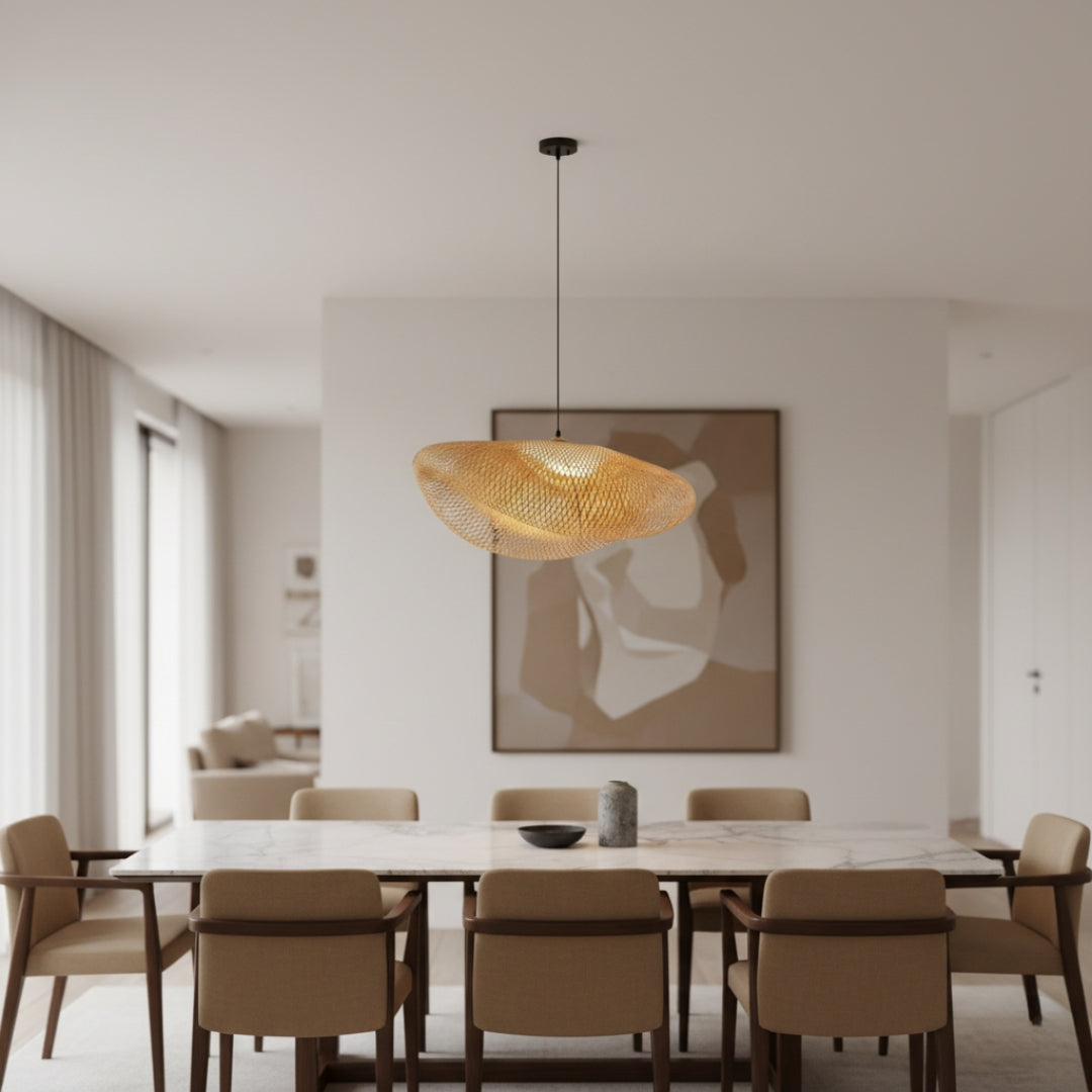 Pendelleuchte LED Rund aus Rattan geflochten Vintage