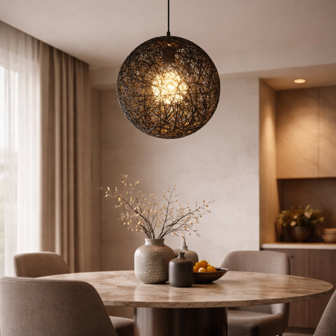 Pendelleuchte Kugel aus Papier geflochten Stil Rattan-Optik Design modern