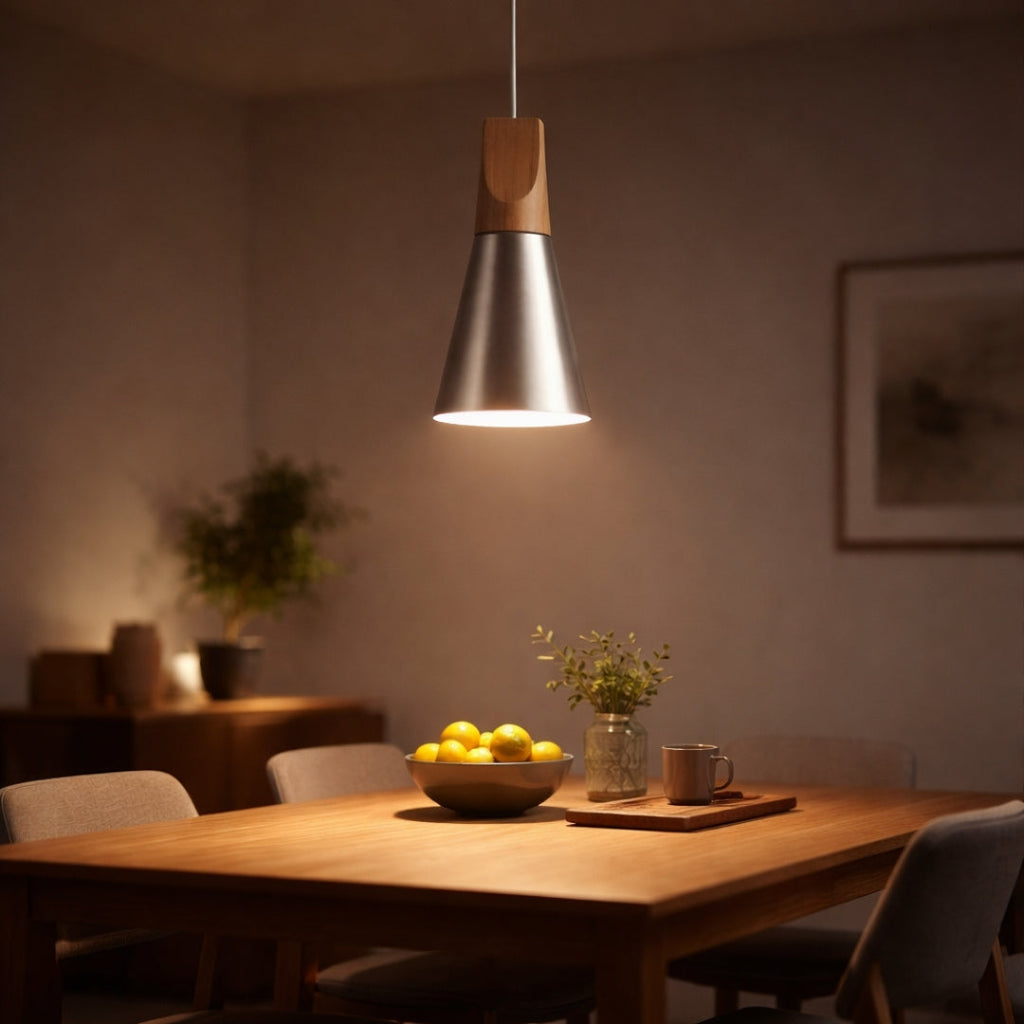 Pendelleuchte LED Holz und Aluminium in Form von Kegel