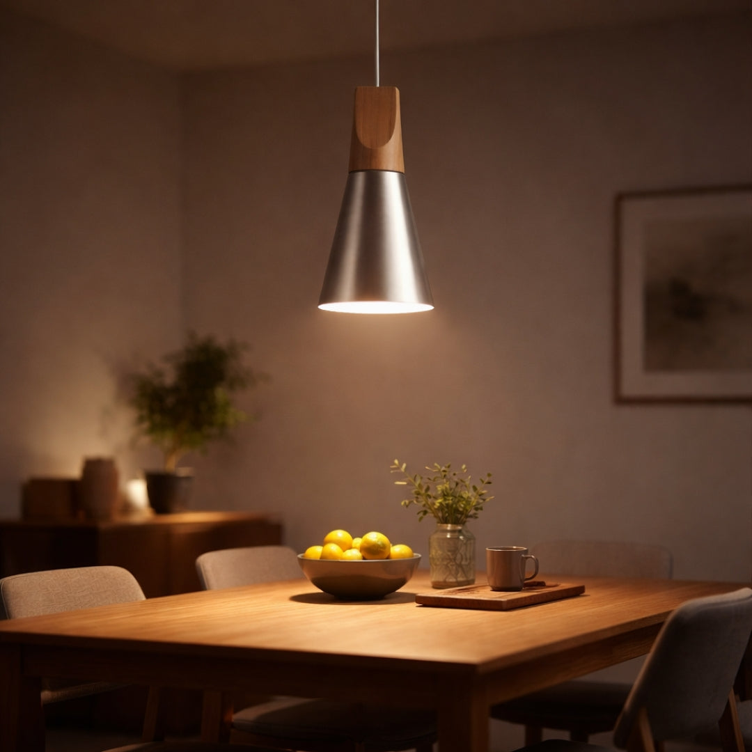 Pendelleuchte LED Holz und Aluminium in Form von Kegel