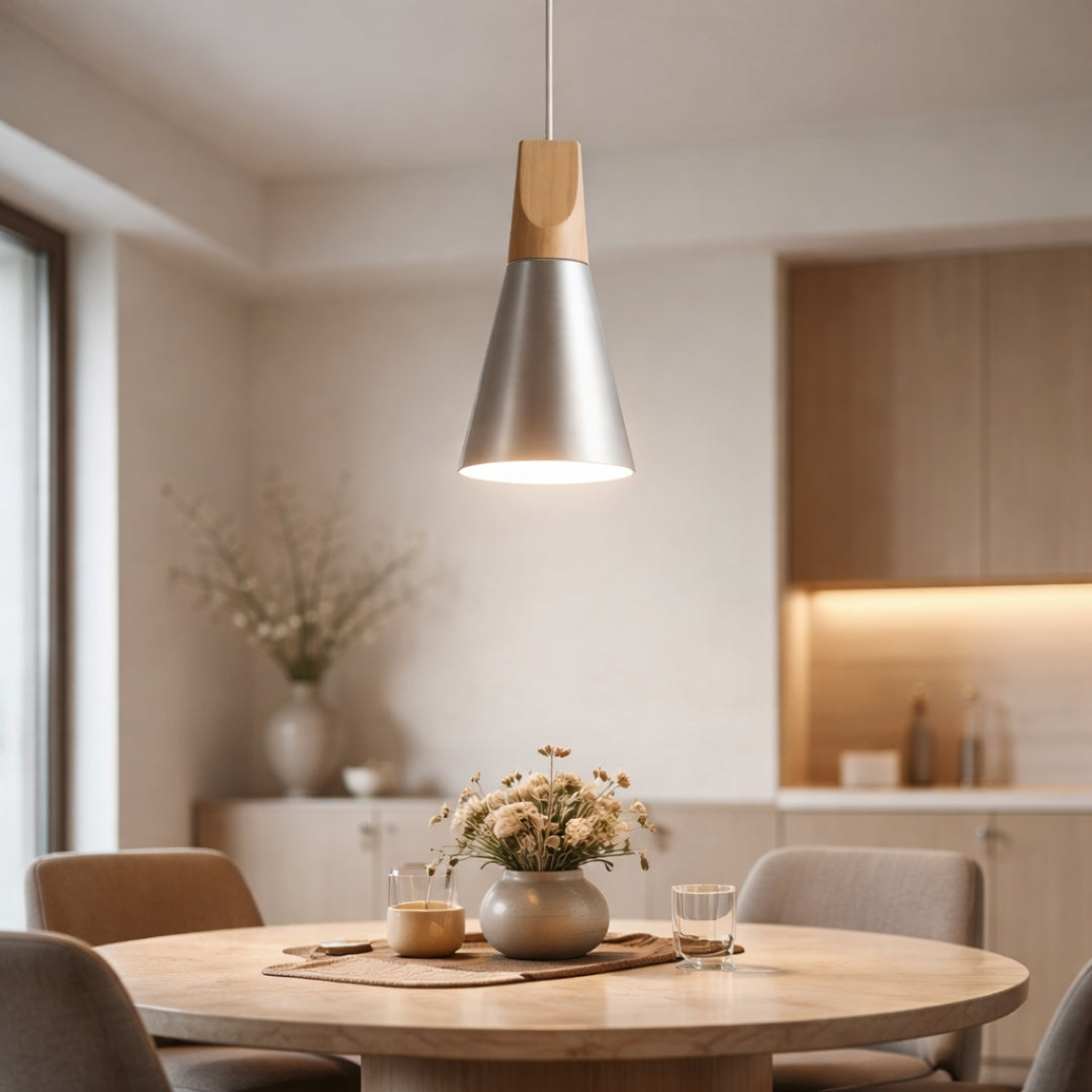 Pendelleuchte LED Holz und Aluminium in Form von Kegel
