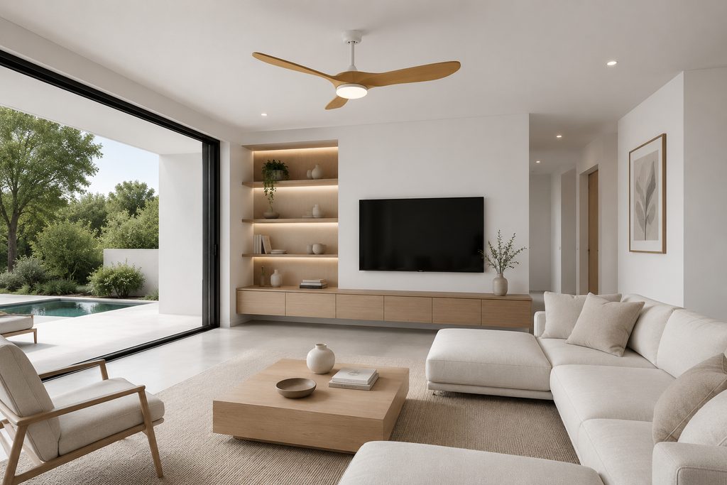 Aria | Vintage-Ventilator Weiß und Naturholz, LED