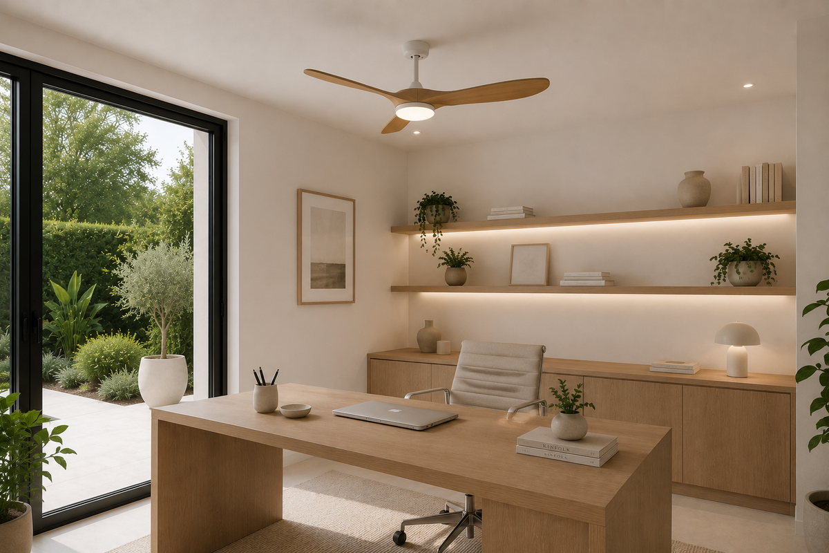 Aria | Vintage-Ventilator Weiß und Naturholz, LED