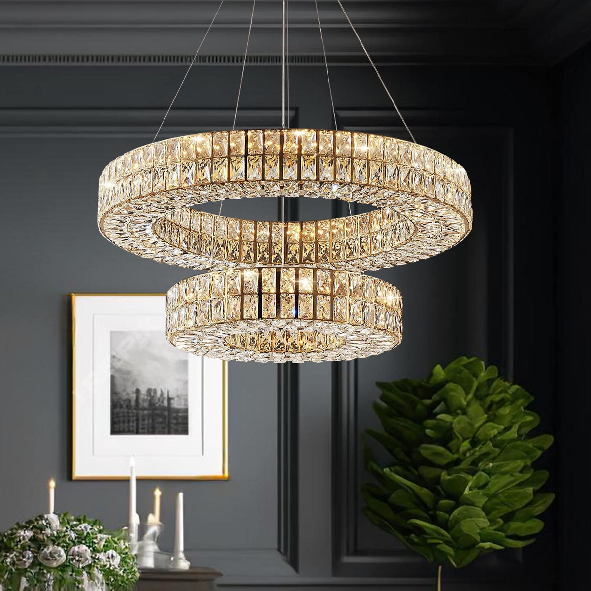 Kronleuchter Kristall Gold mit Doppel Ring für Esszimmer