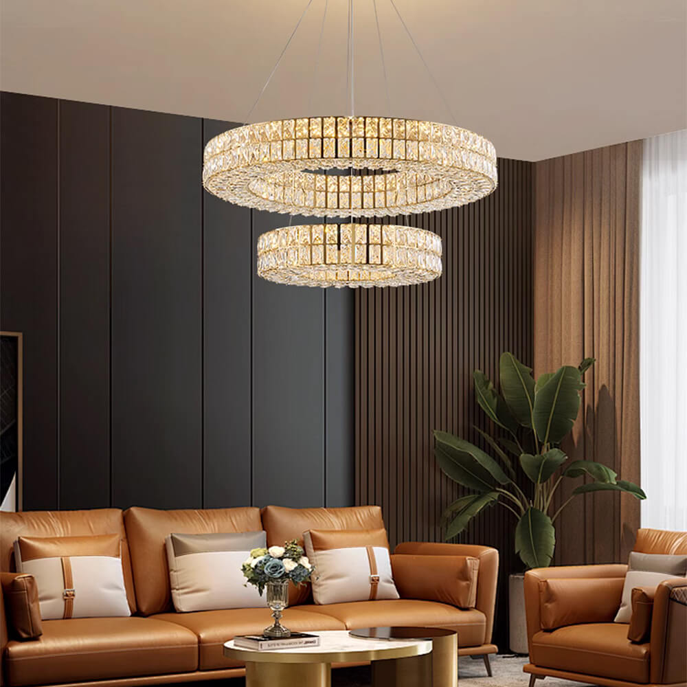 Kronleuchter Kristall Gold mit Doppel Ring für Esszimmer