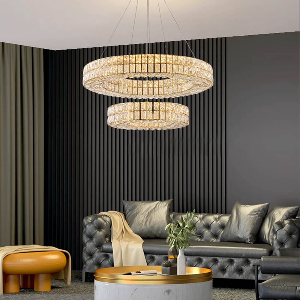 Kronleuchter Kristall Gold mit Doppel Ring für Esszimmer