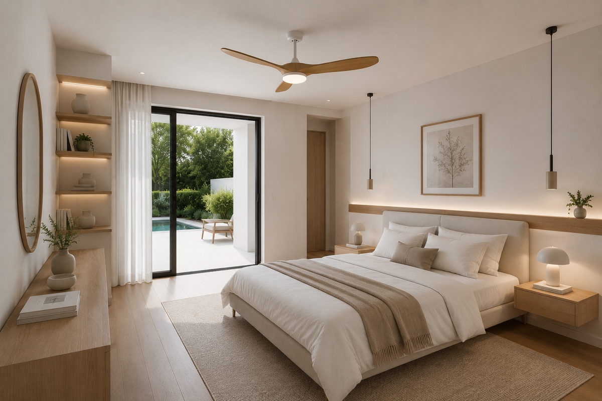 Aria | Vintage-Ventilator Weiß und Naturholz, LED
