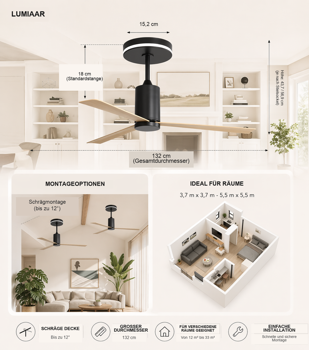 Nexus | Moderner Ventilator LED Fernbedienung 132 cm
