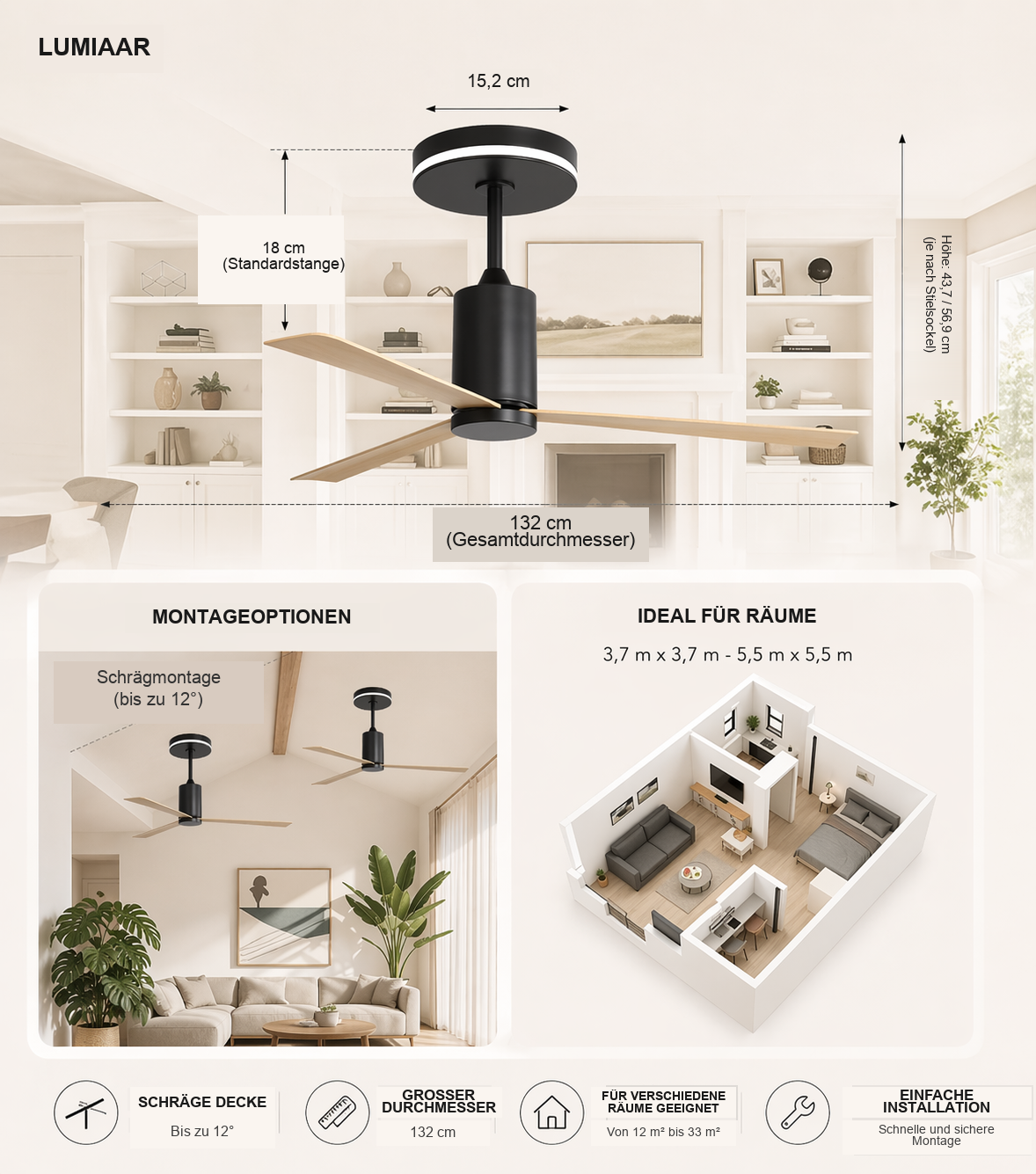 Nexus | Moderner Ventilator LED Fernbedienung 132 cm