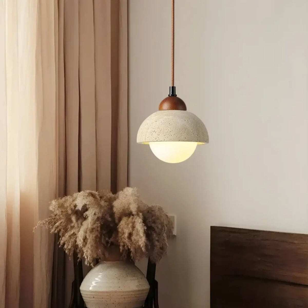 Pendelleuchte Holz Travertin und Glas Bernstein