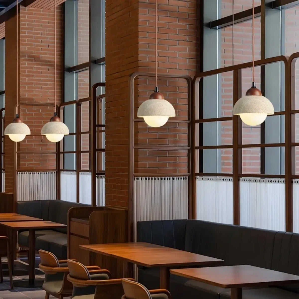 Pendelleuchte Holz Travertin und Glas Bernstein