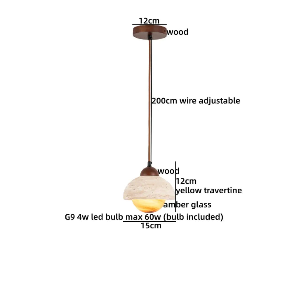 Pendelleuchte Holz Travertin und Glas Bernstein