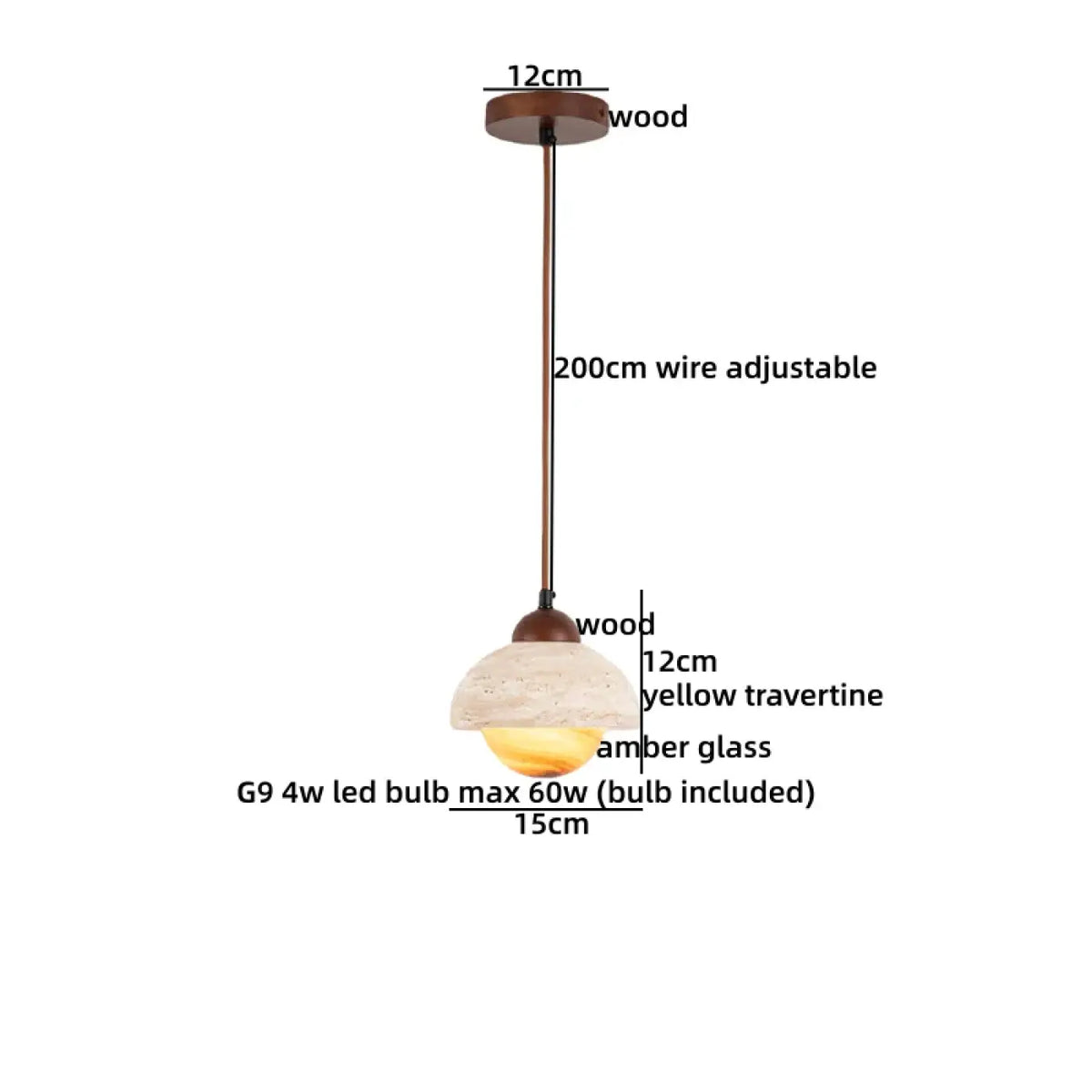 Pendelleuchte Holz Travertin und Glas Bernstein