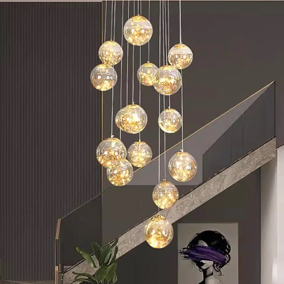Pendelleuchte Wasserfall mit Kugeln Kristall Gold