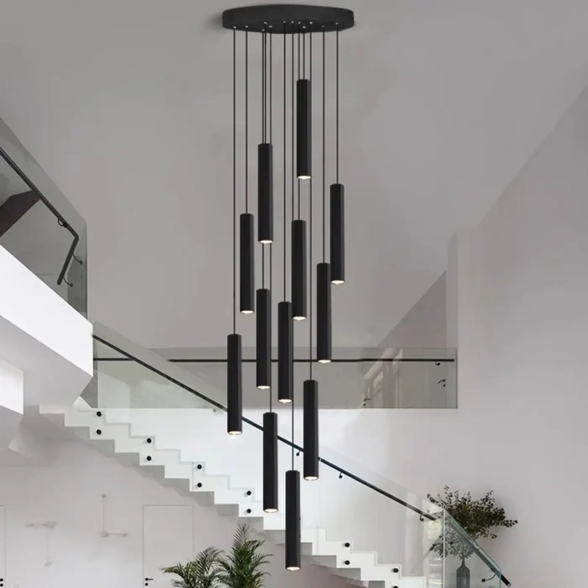 Pendelleuchte Wasserfall Zylinder Schwarz für Treppenhaus