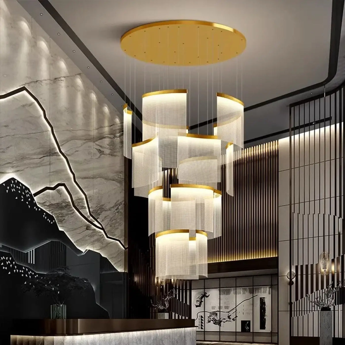 Pendelleuchte Gold Wasserfall mit Schleiern LED Übereinander