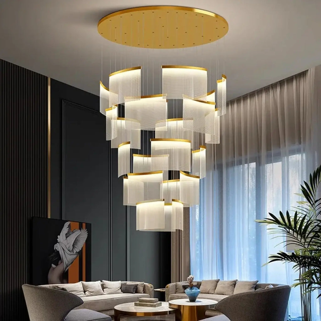 Pendelleuchte Gold Wasserfall mit Schleiern LED Übereinander