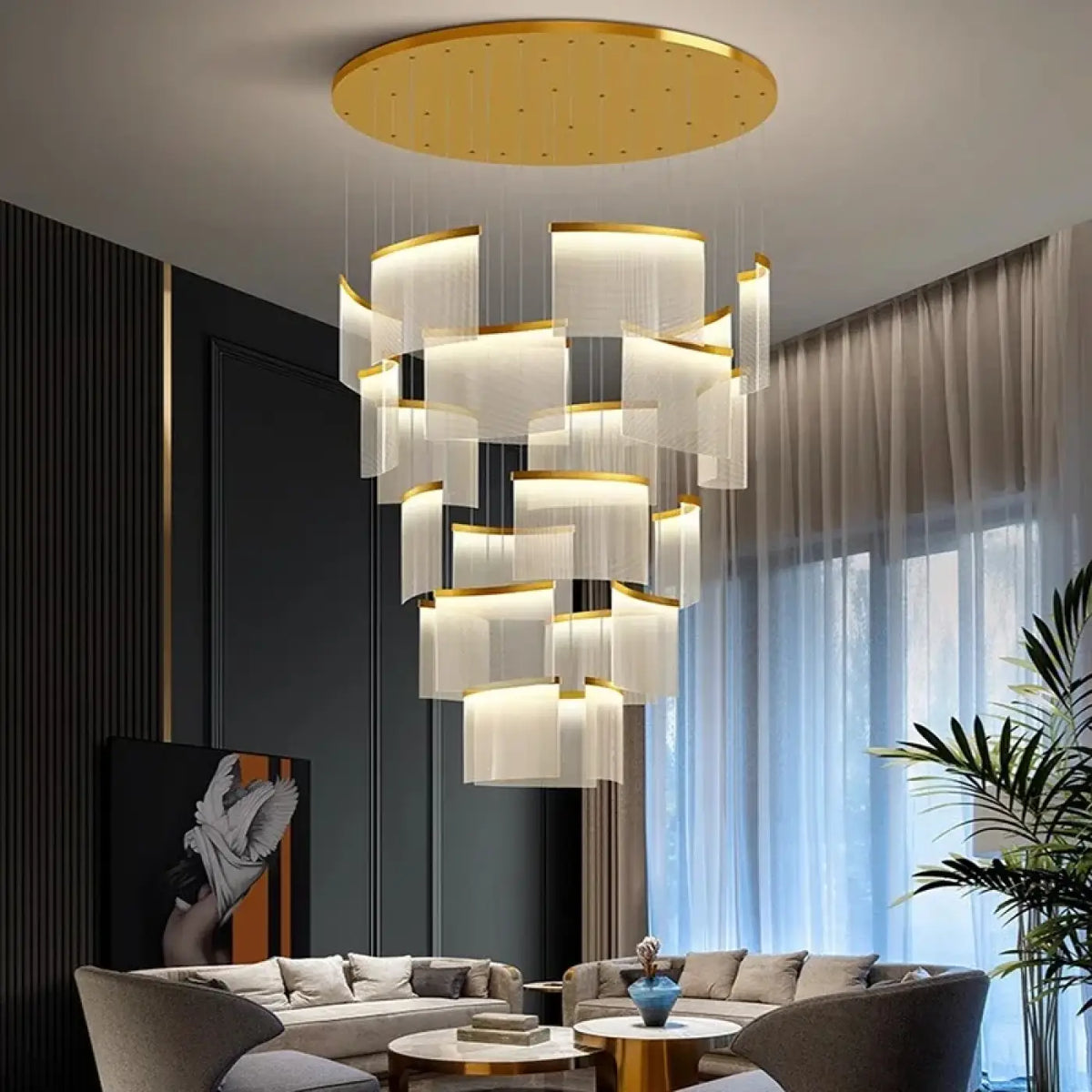Pendelleuchte Gold Wasserfall mit Schleiern LED Übereinander