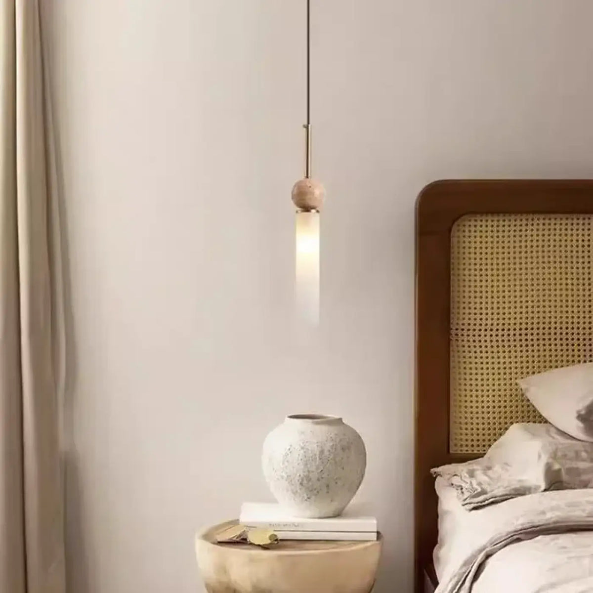 Pendelleuchte Skandinavisch Stein Holz und Glas Opal