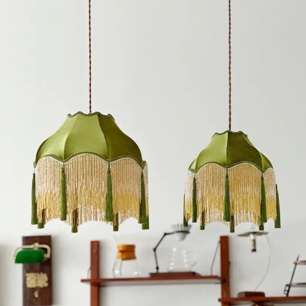 Pendelleuchte Vintage Grün mit Fransen Gold