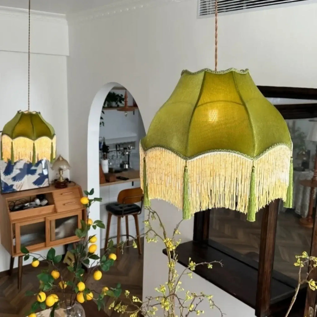 Pendelleuchte Vintage Grün mit Fransen Gold
