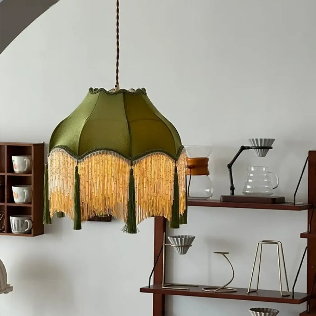 Pendelleuchte Vintage Grün mit Fransen Gold