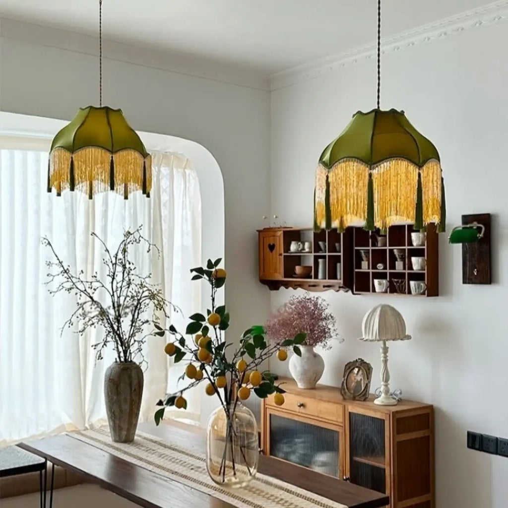 Pendelleuchte Vintage Grün mit Fransen Gold