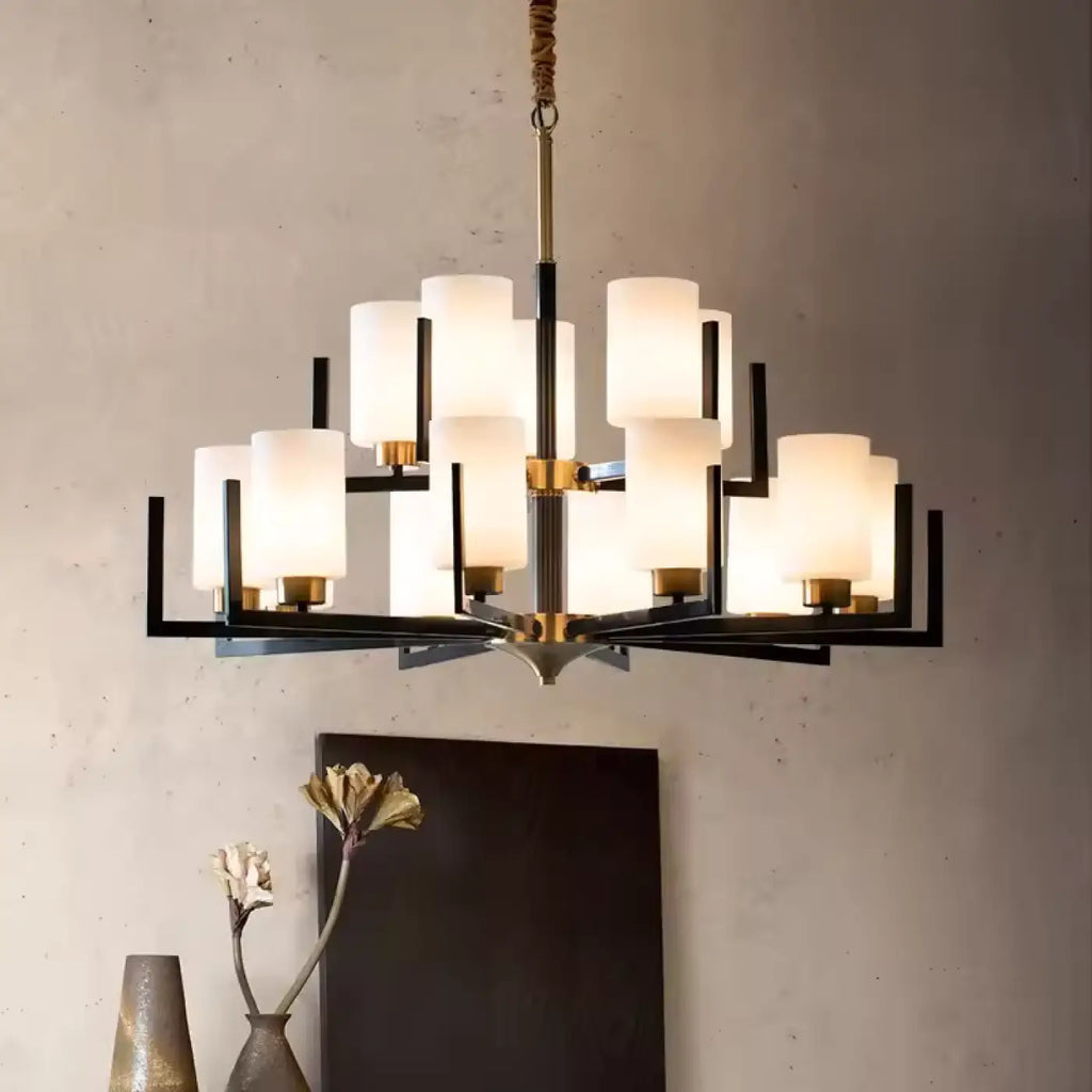 Kronleuchter Hängend Schwarz und Gold mit Lampenschirm aus Glas
