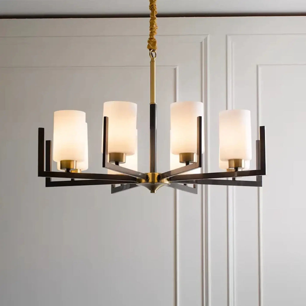 Kronleuchter Hängend Schwarz und Gold mit Lampenschirm aus Glas