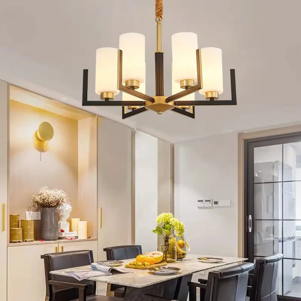 Kronleuchter Hängend Schwarz und Gold mit Lampenschirm aus Glas