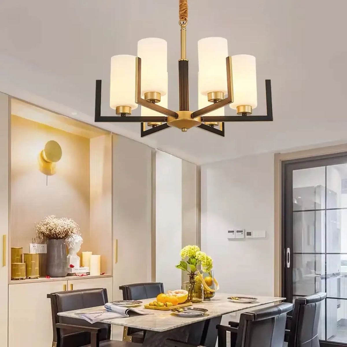 Kronleuchter Hängend Schwarz und Gold mit Lampenschirm aus Glas