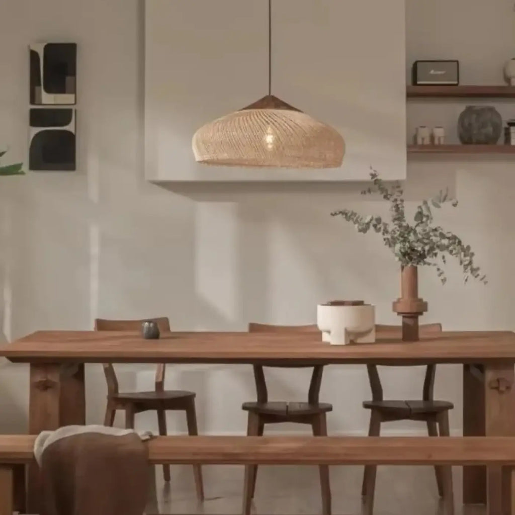 Pendelleuchte Japandi aus Hellem Holz Geflochten