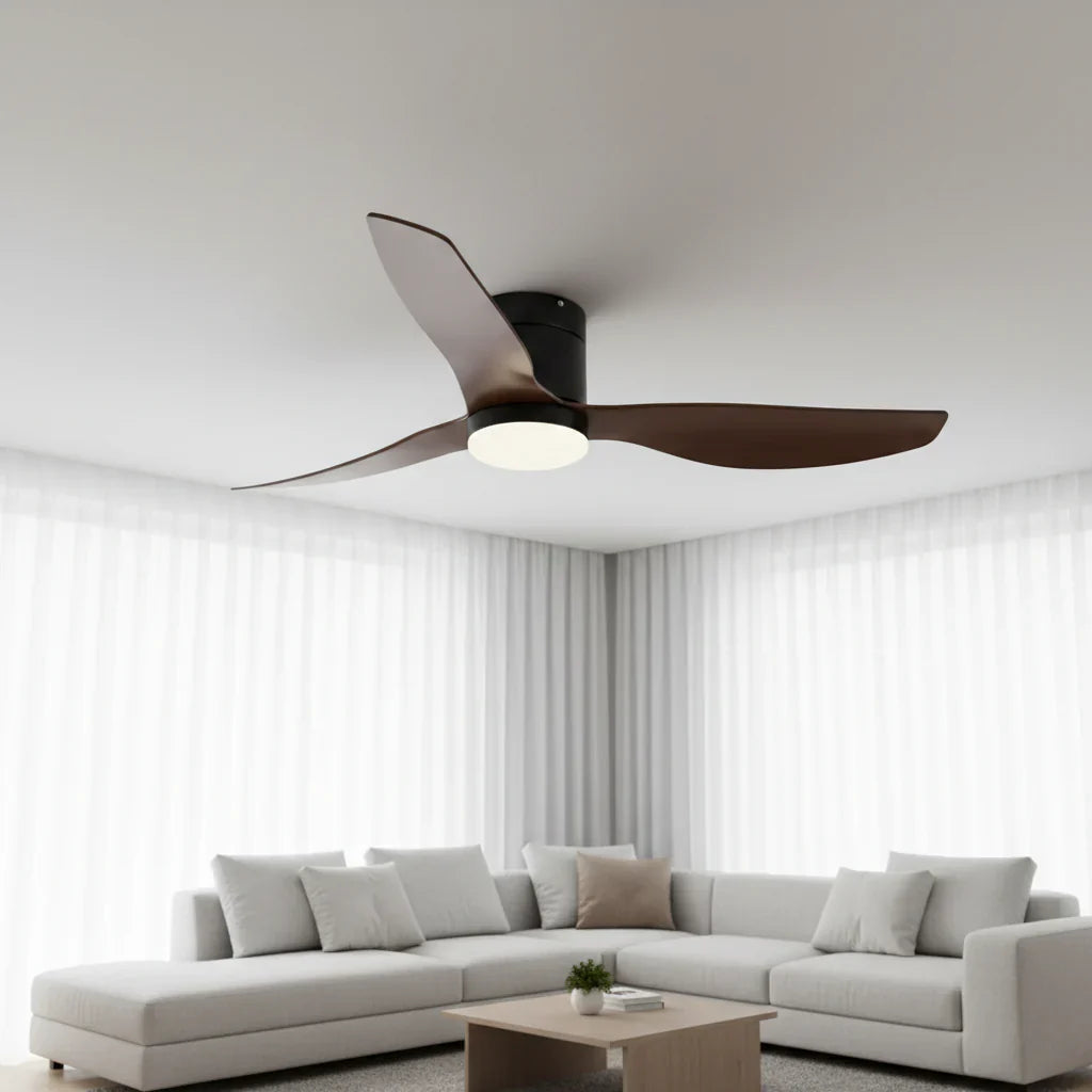 Selene | Ventilator mit integriertem LED Schwarz und dunklem Holz